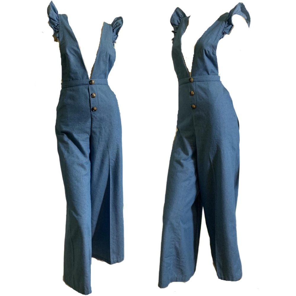 1970s Style Light Blue Denim Overalls Bell Bottoms Ruffles